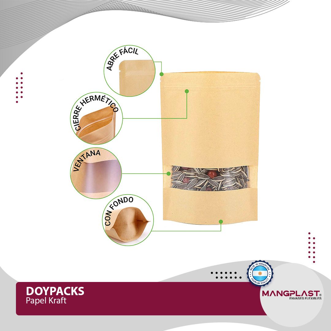 Bolsa de papel kraft marrón con ventana transparente que muestra sus características.