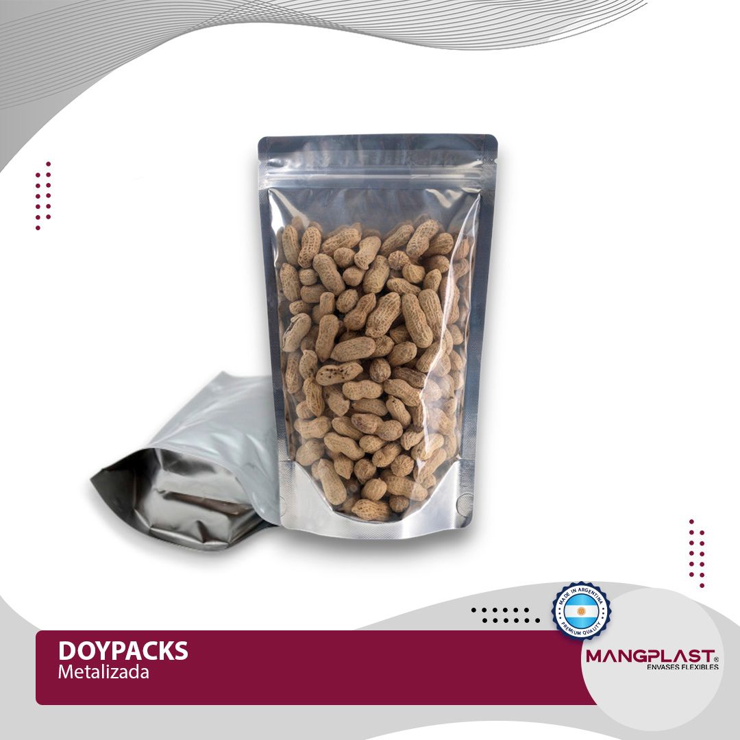 Bolsa transparente con base llena de cacahuetes, junto a una bolsa vacía. Ambas tienen tapas metálicas.