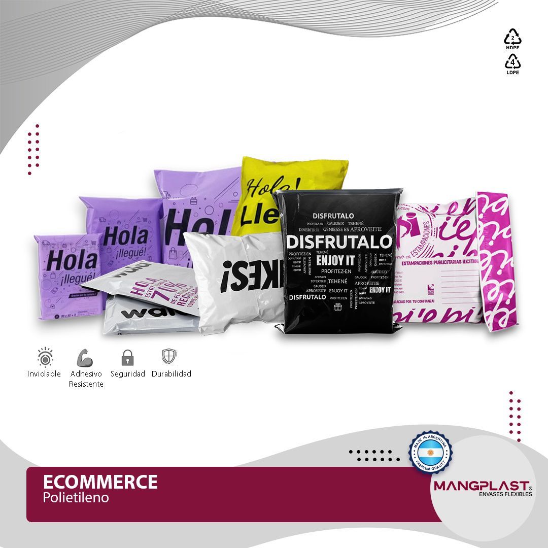 Bolsas de embalaje para comercio electrónico en varios colores y diseños. Logotipo en la parte inferior.