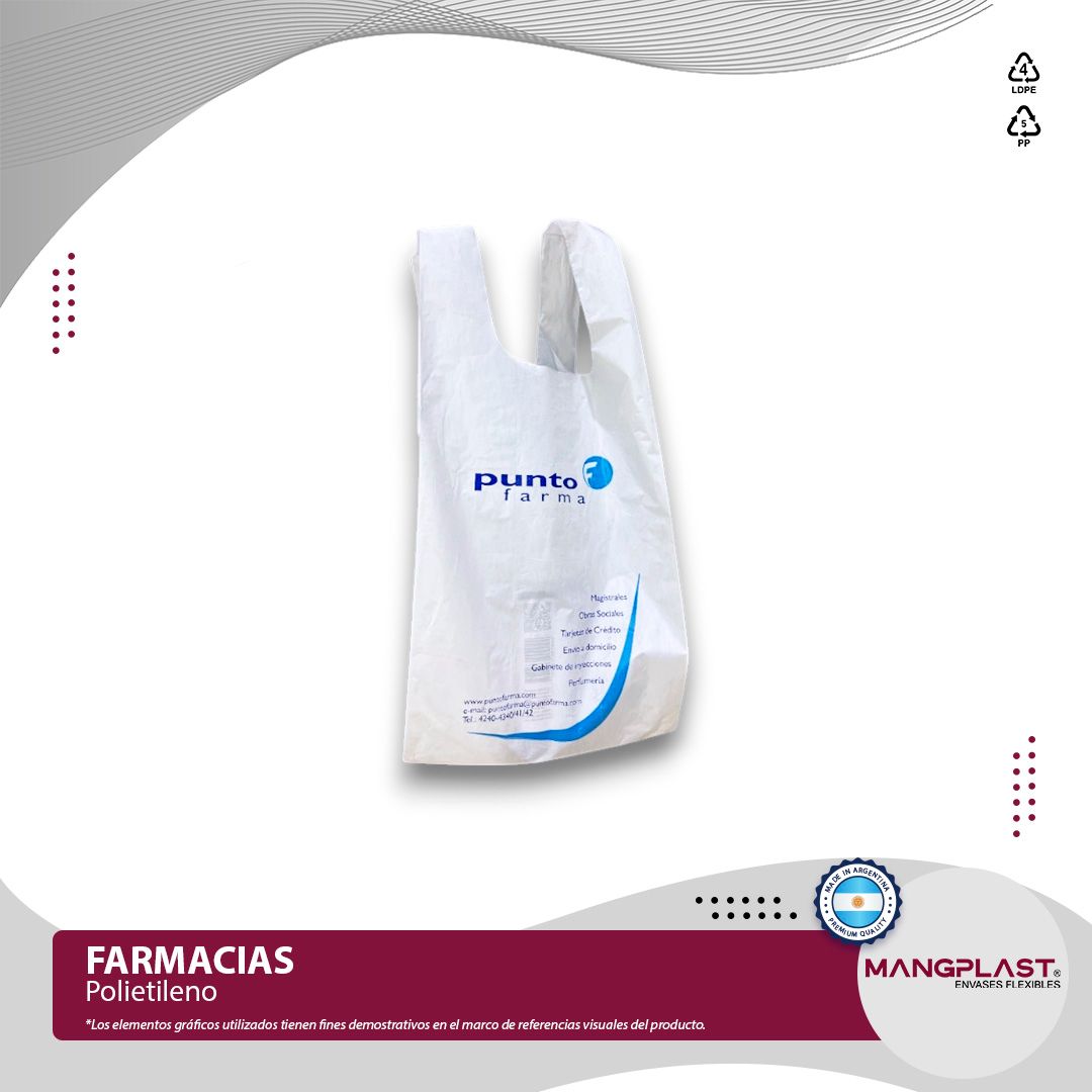 Bolsa de plástico blanca con logo azul para farmacia.
