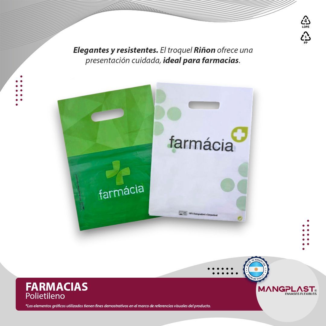 Dos bolsas de farmacia, de color verde y blanco, con la palabra