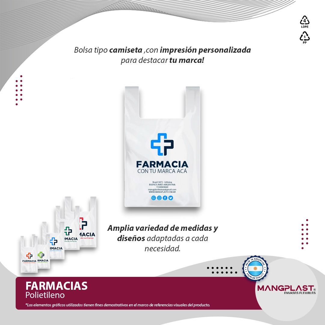 Bolsas de farmacia de plástico blanco con impresión personalizada.