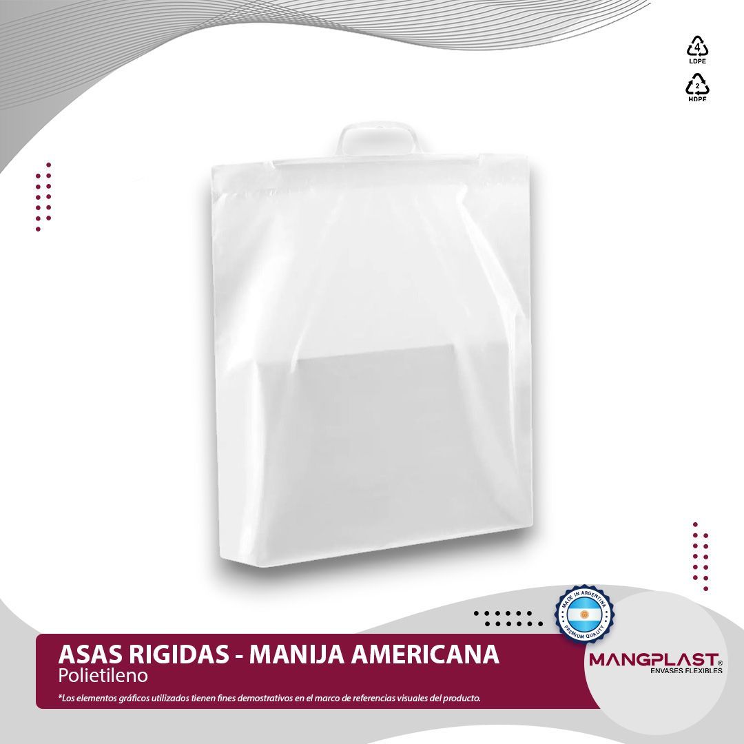 Bolsa de plástico blanca con asa. Texto: