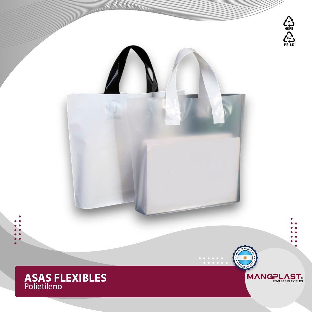 Dos bolsas de plástico transparente con asas flexibles: una negra y otra blanca.