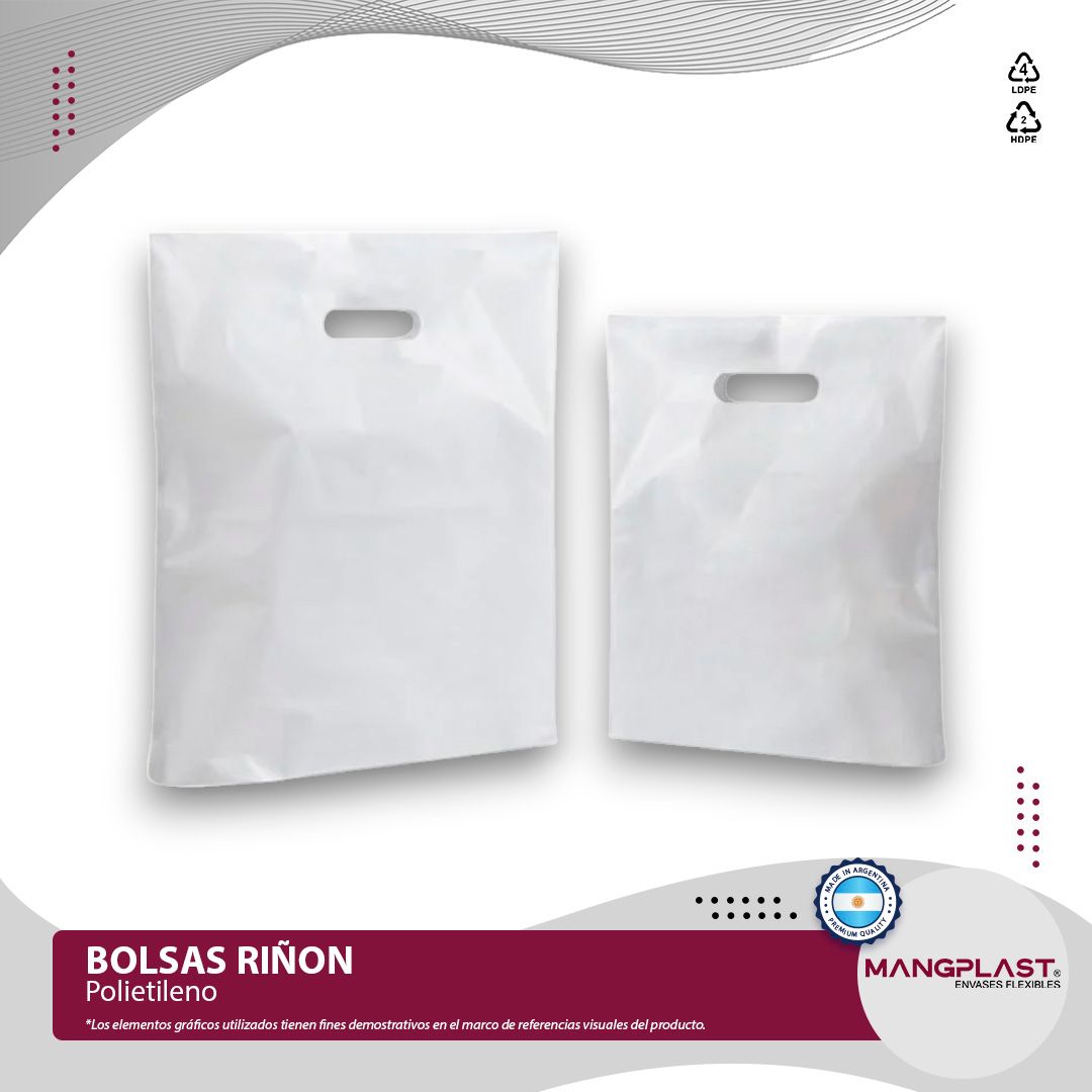 Dos bolsas de plástico blancas, una ligeramente más pequeña, sobre fondo blanco. Texto