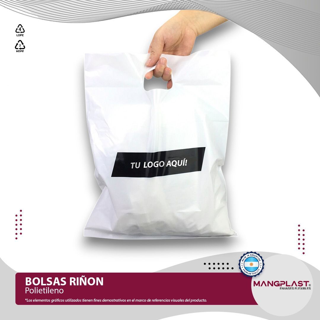 Bolsa de plástico blanca sostenida con una mano; texto
