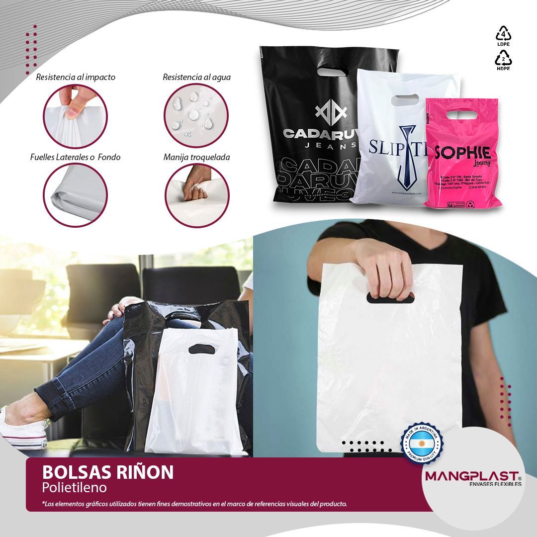 Bolsas de compras de plástico en varios colores y diseños, sostenidas por personas y exhibidas con características