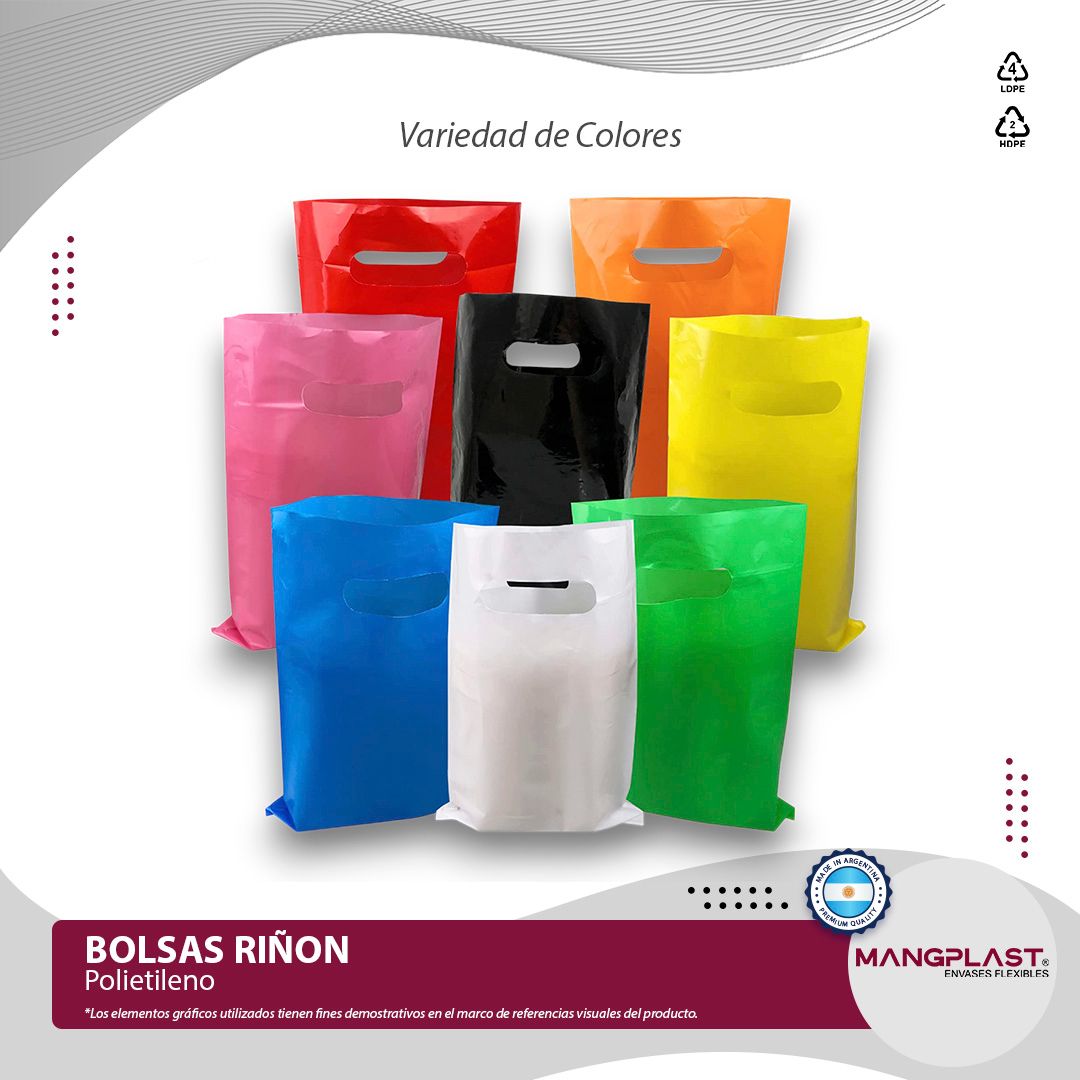 Bolsas de plástico de colores con asa recortada. Disponibles en azul, rojo, naranja, rosa, negro, amarillo, blanco y verde.