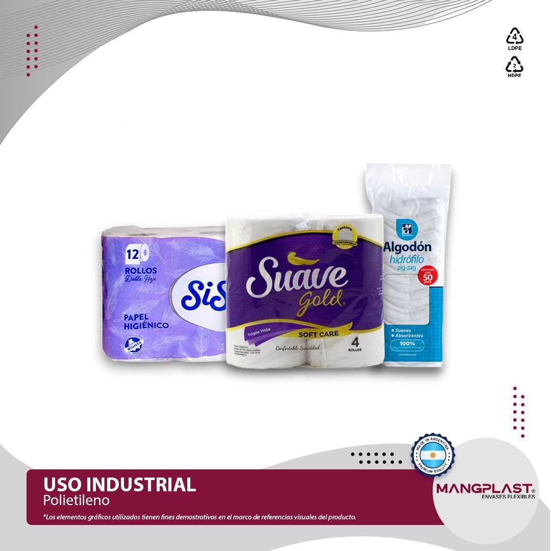 Paquetes de productos de papel: papel higiénico y toallas de papel, con etiqueta de uso industrial.