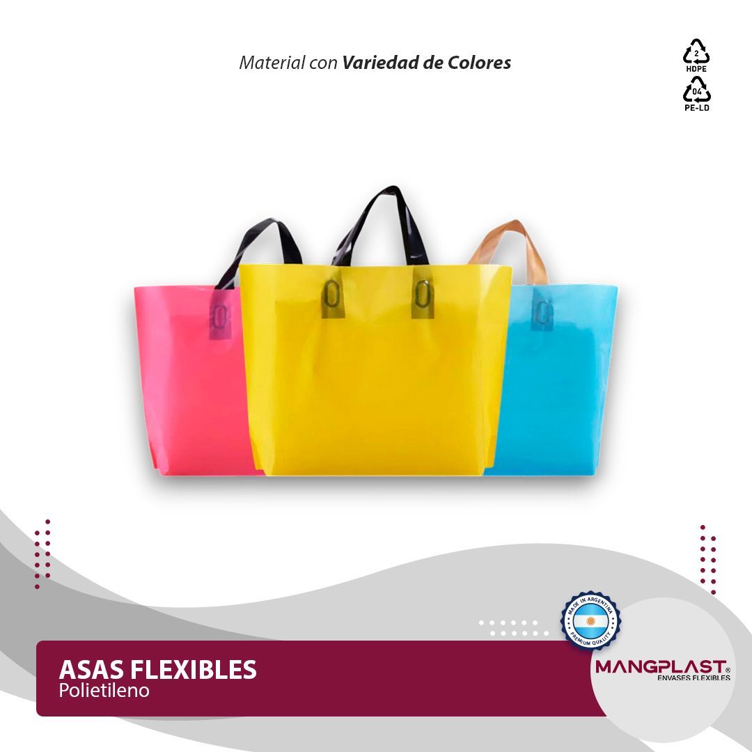 Tres bolsas de colores con asas flexibles.