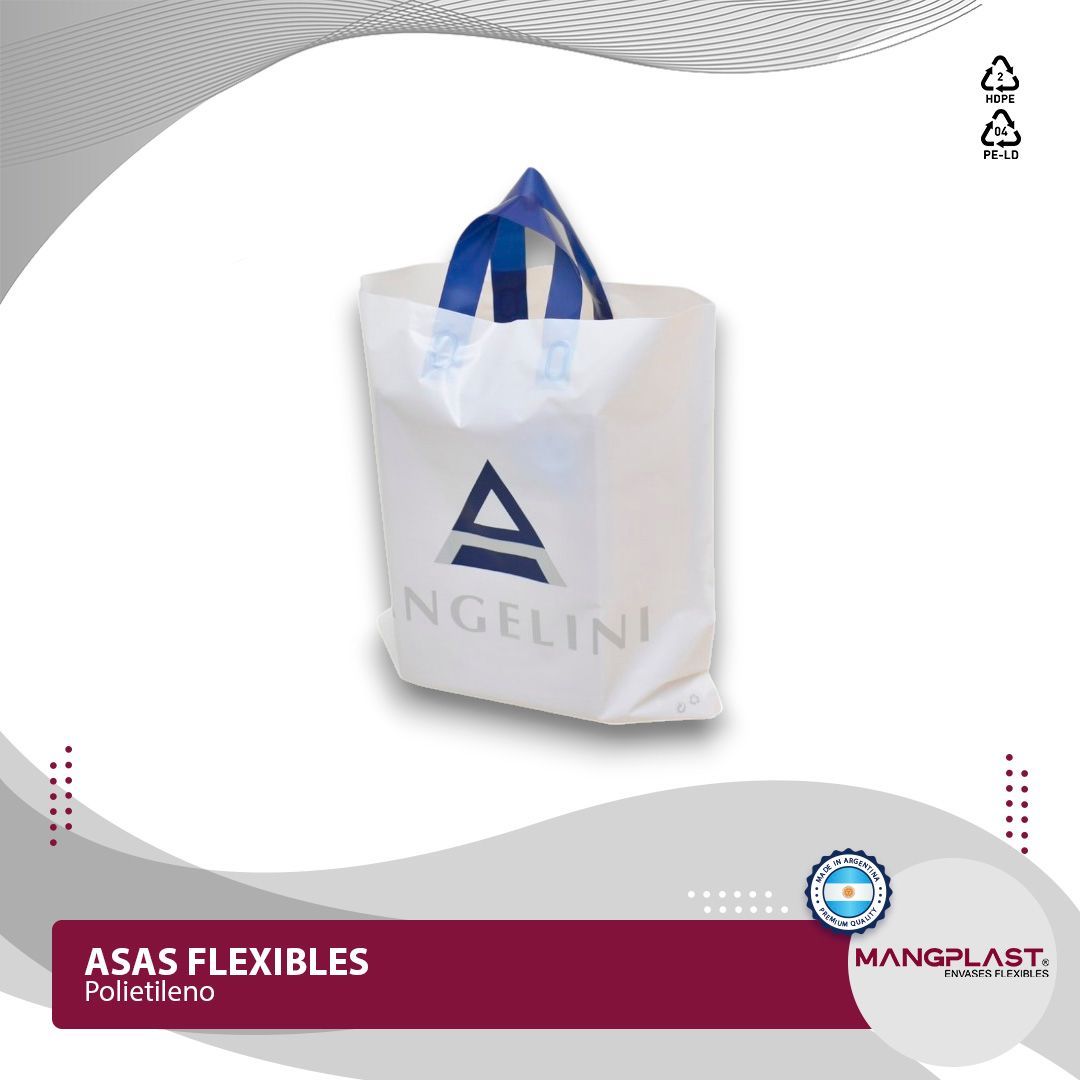 Bolsa de compras blanca con asas azules y logotipo Angelini.