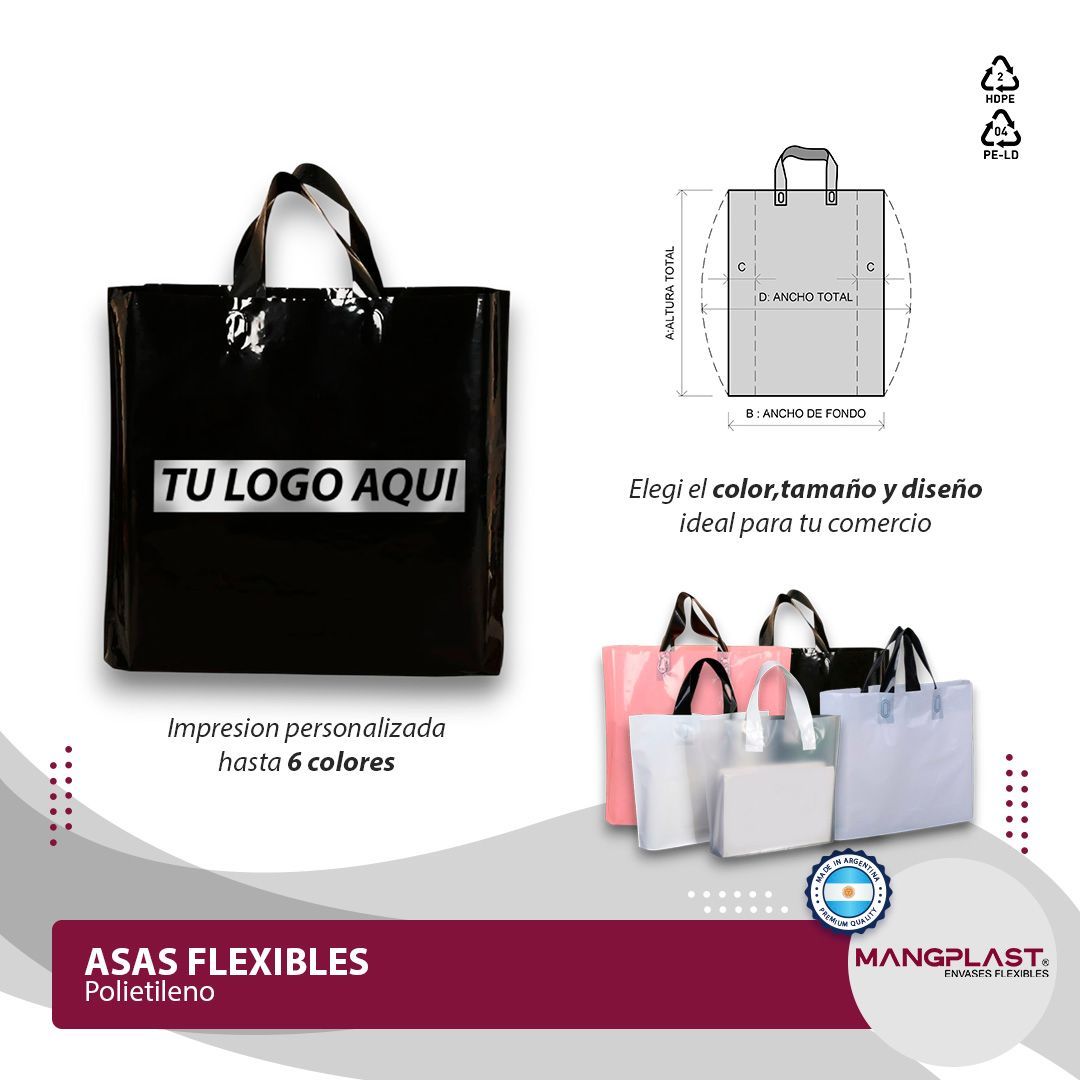 Bolsas de compras de plástico negras y de varios colores con asas flexibles, que muestran dimensiones y ubicación