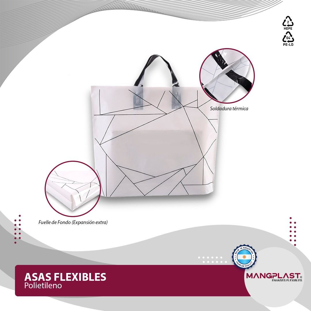 Bolsa de compra de color blanco con diseño geométrico y asas flexibles, con detalles de asa y costura.
