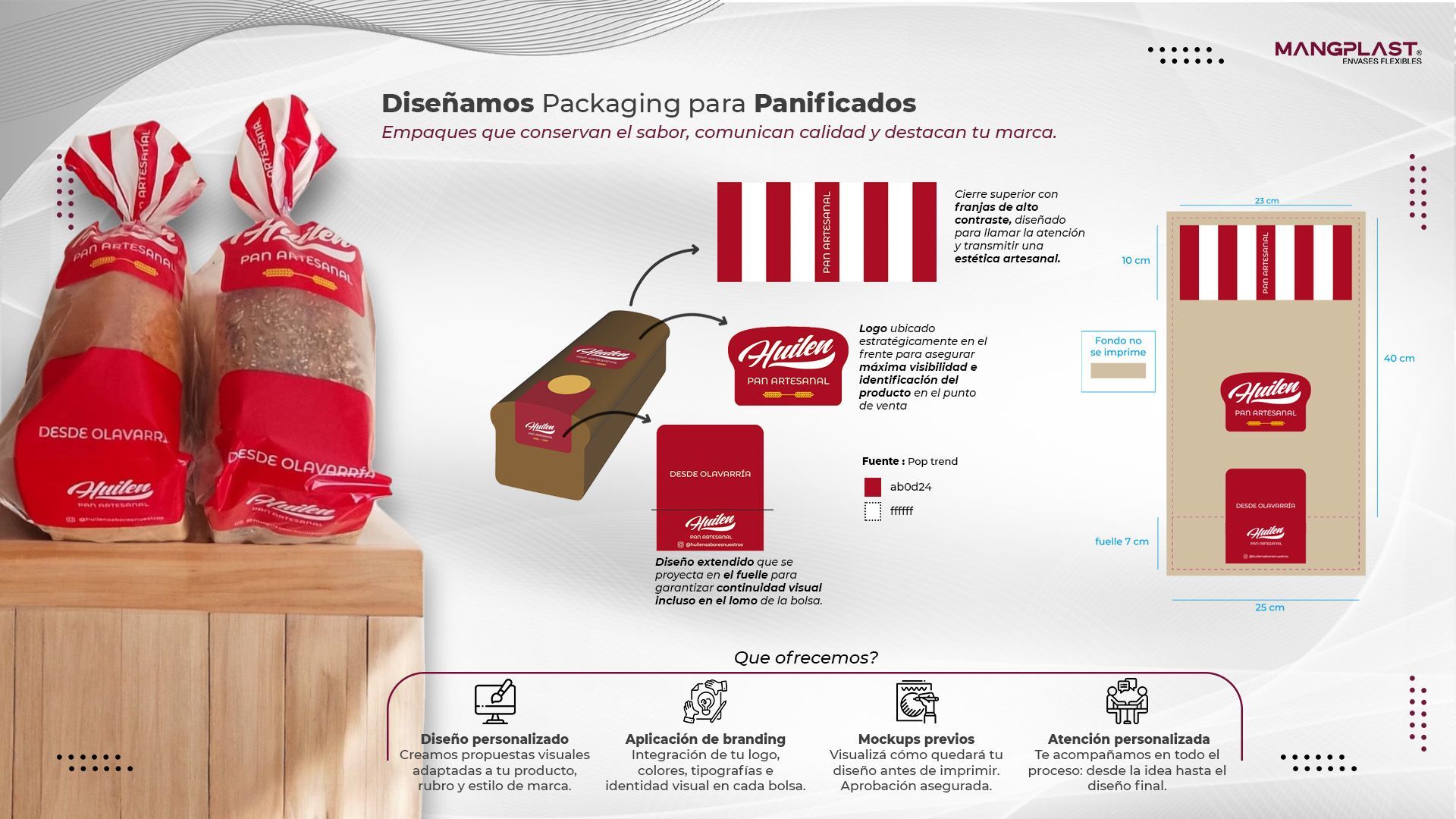 Diseño de empaque de pan, combinación de colores rojo y blanco. Gráficos y ejemplos de empaque.