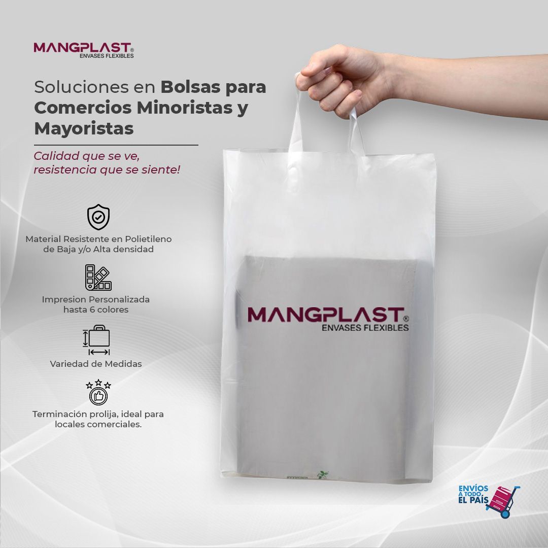 Bolsa de compras blanca con una mano sosteniéndola, logotipo de Mangplast. Texto: