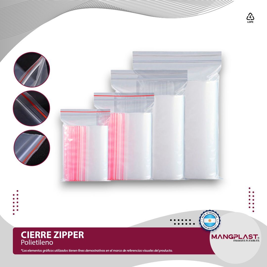 Bolsas variadas de plástico transparente con cierre de cremallera, con primeros planos del cierre,