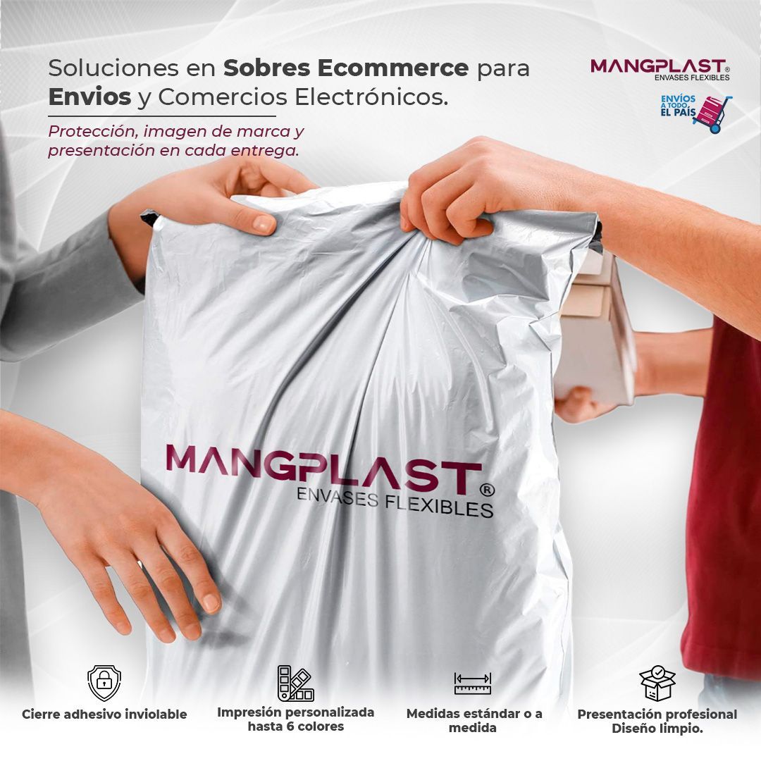 Hands opening a silver MANGPLAST shipping envelope. Text: