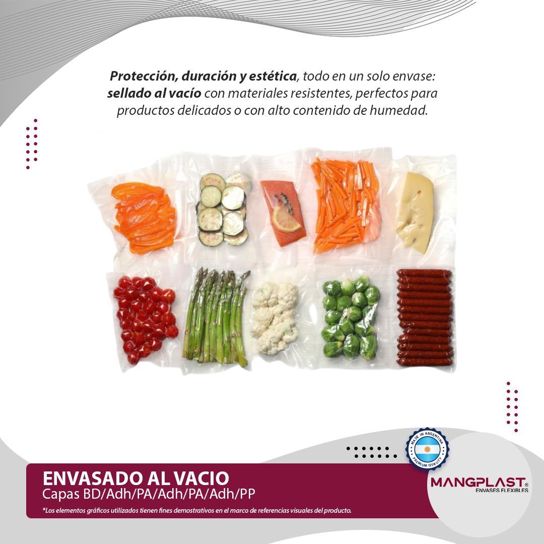 Muestras de alimentos envasados al vacío, incluyendo pescado, verduras y frutas, en envases transparentestos.