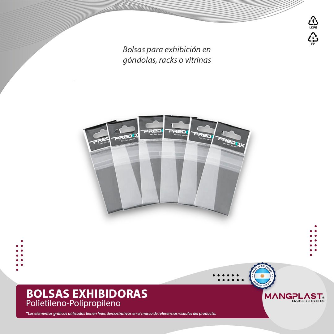 Seis bolsas expositoras de plástico transparente con reverso gris, texto y logotipo, sobre fondo blanco.