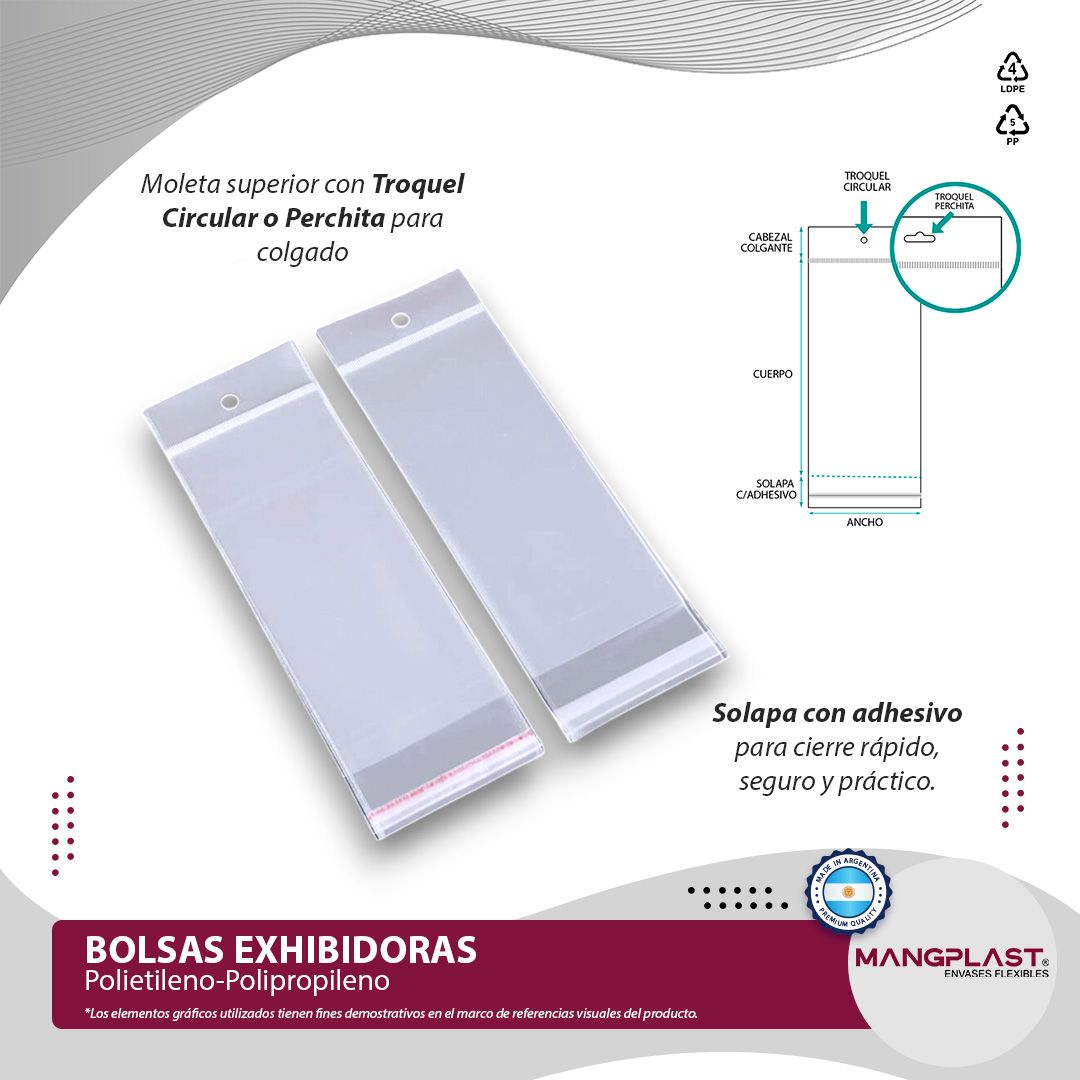Bolsas de exhibición de plástico transparente con un orificio circular para colgar y sello adhesivo.
