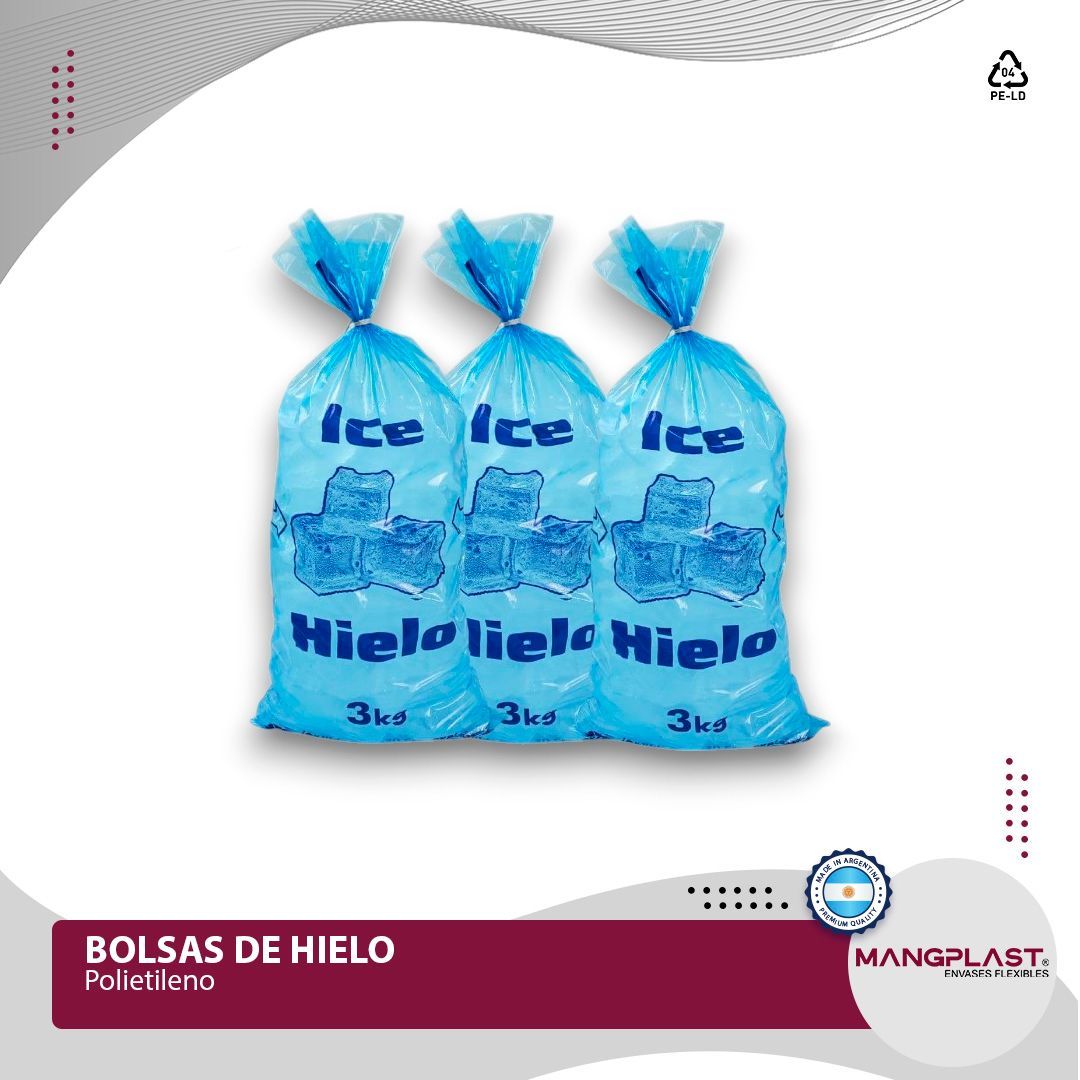 Tres bolsas de hielo sobre fondo blanco. Cada bolsa azul tiene impresas las palabras