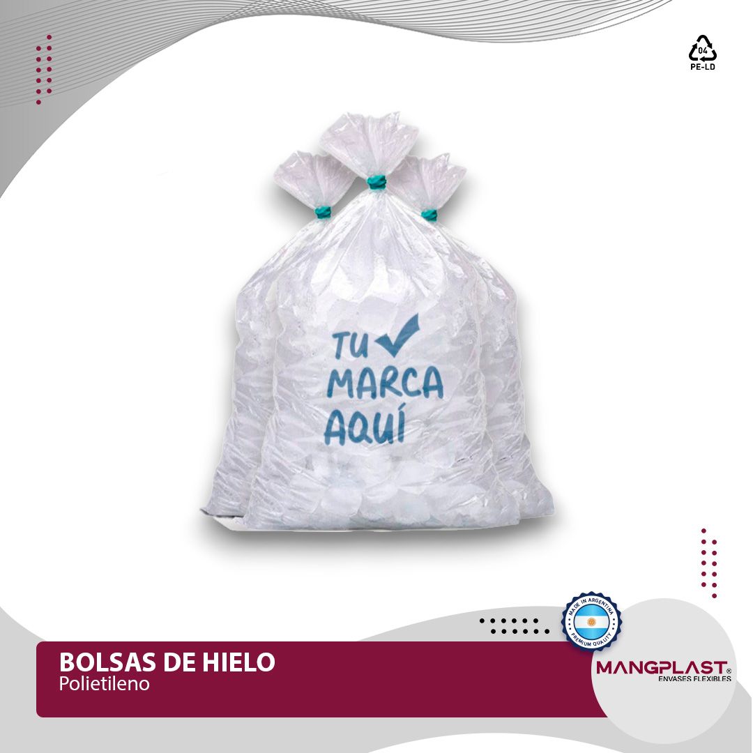 Bolsas de hielo blancas selladas con lazos verdes, texto