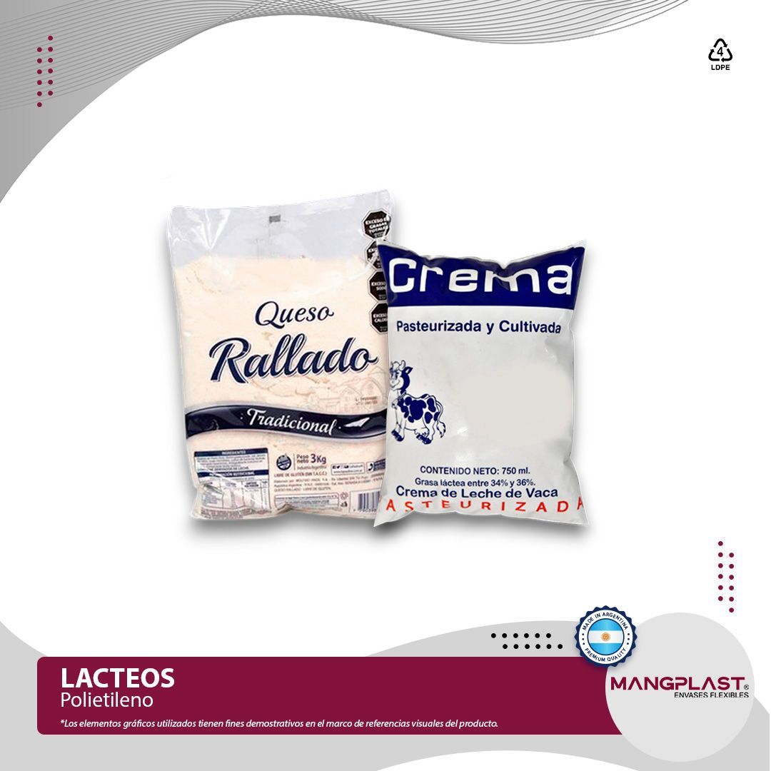 Dos productos lácteos: queso rallado y crema, envasados en plástico. Etiqueta