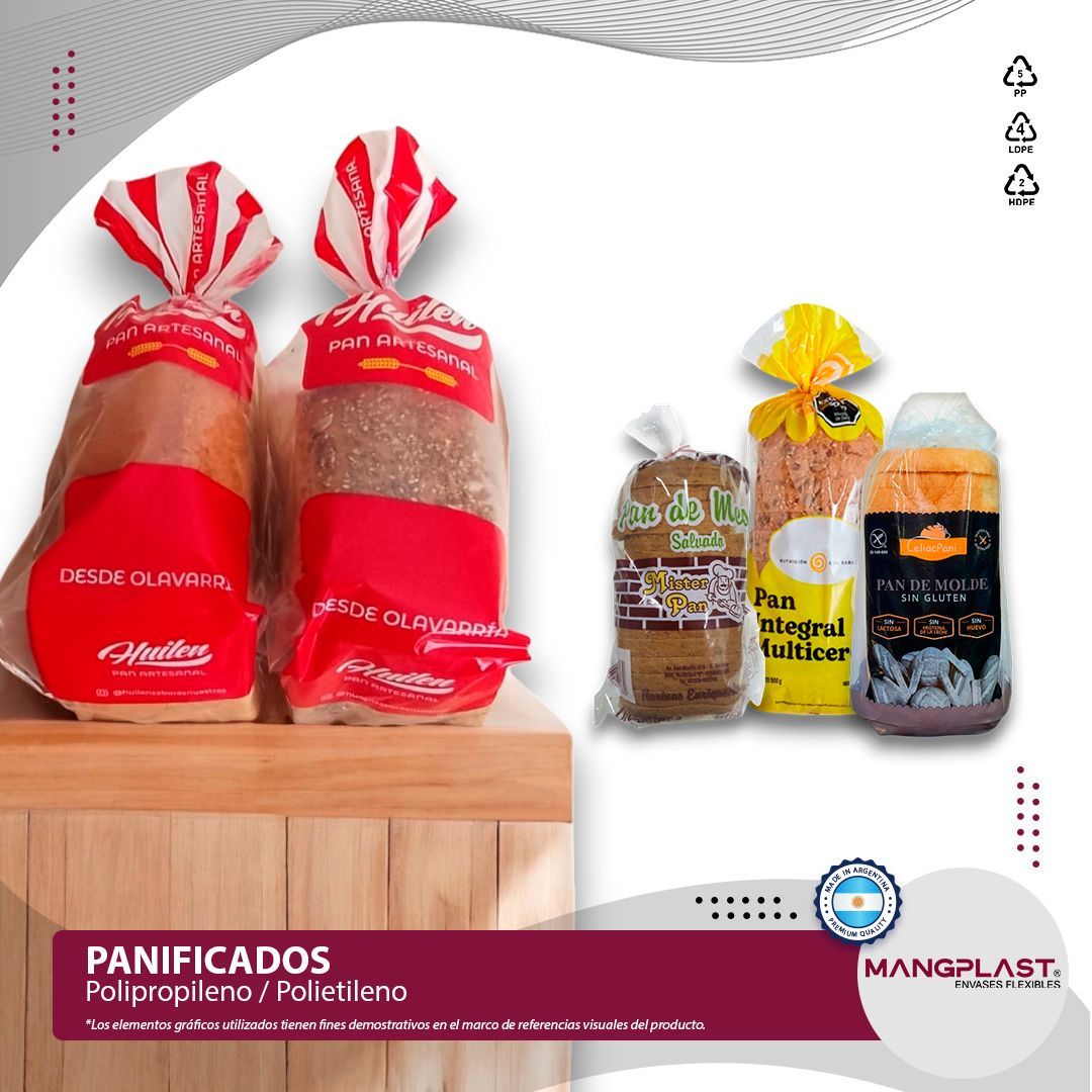 Panes en envases de plástico, con diversos sabores. El logotipo de