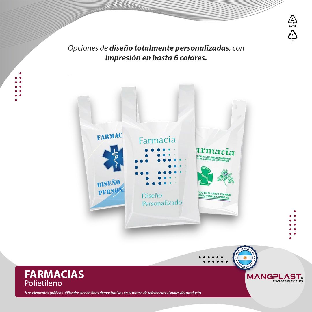 Tres bolsas de farmacia blancas con logotipos sobre fondo blanco. Texto en español.