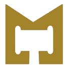 Gold stylized M-shaped logo with a central white block cutout