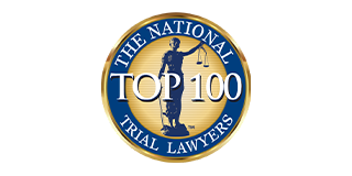 Blue and gold circular “The National Top 100 Trial Lawyers” emblem with a small silhouetted figure