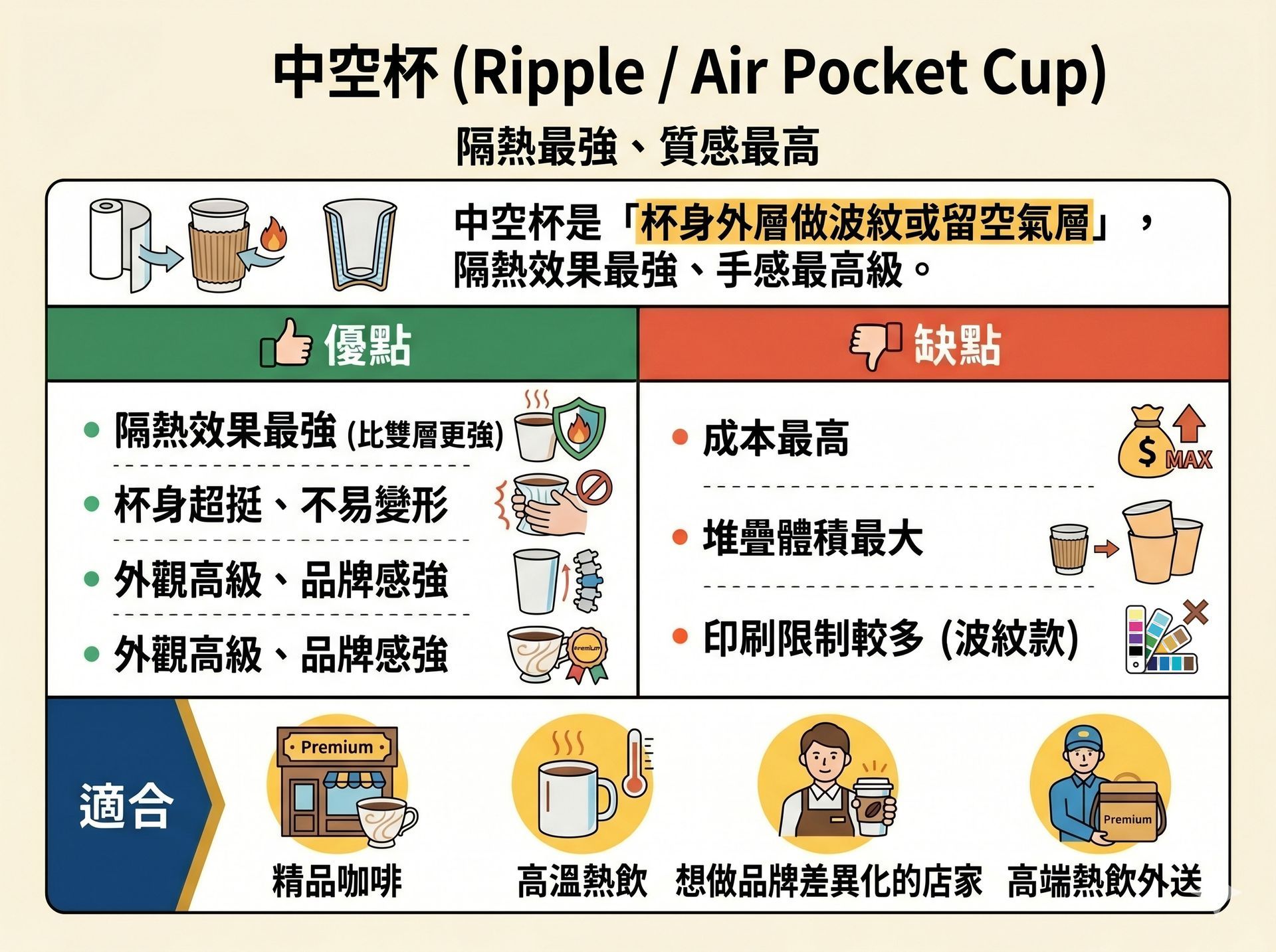 中空波紋杯隔熱效果分析,強調其外觀高階質感與防燙設計,適合高端飲品包裝。