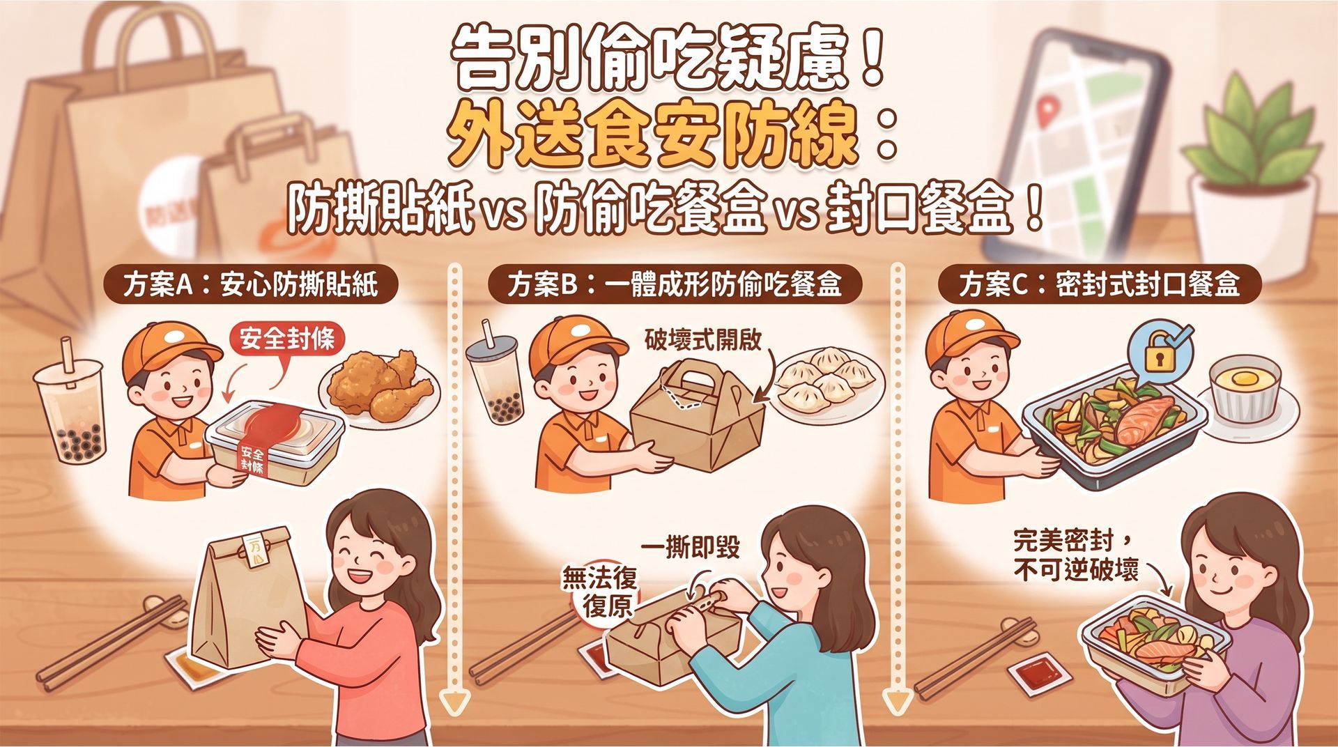 告別偷吃疑慮！外送食安防線：防撕貼紙 vs 防偷吃餐盒，解析外送包裝防護方案與安全對策。
