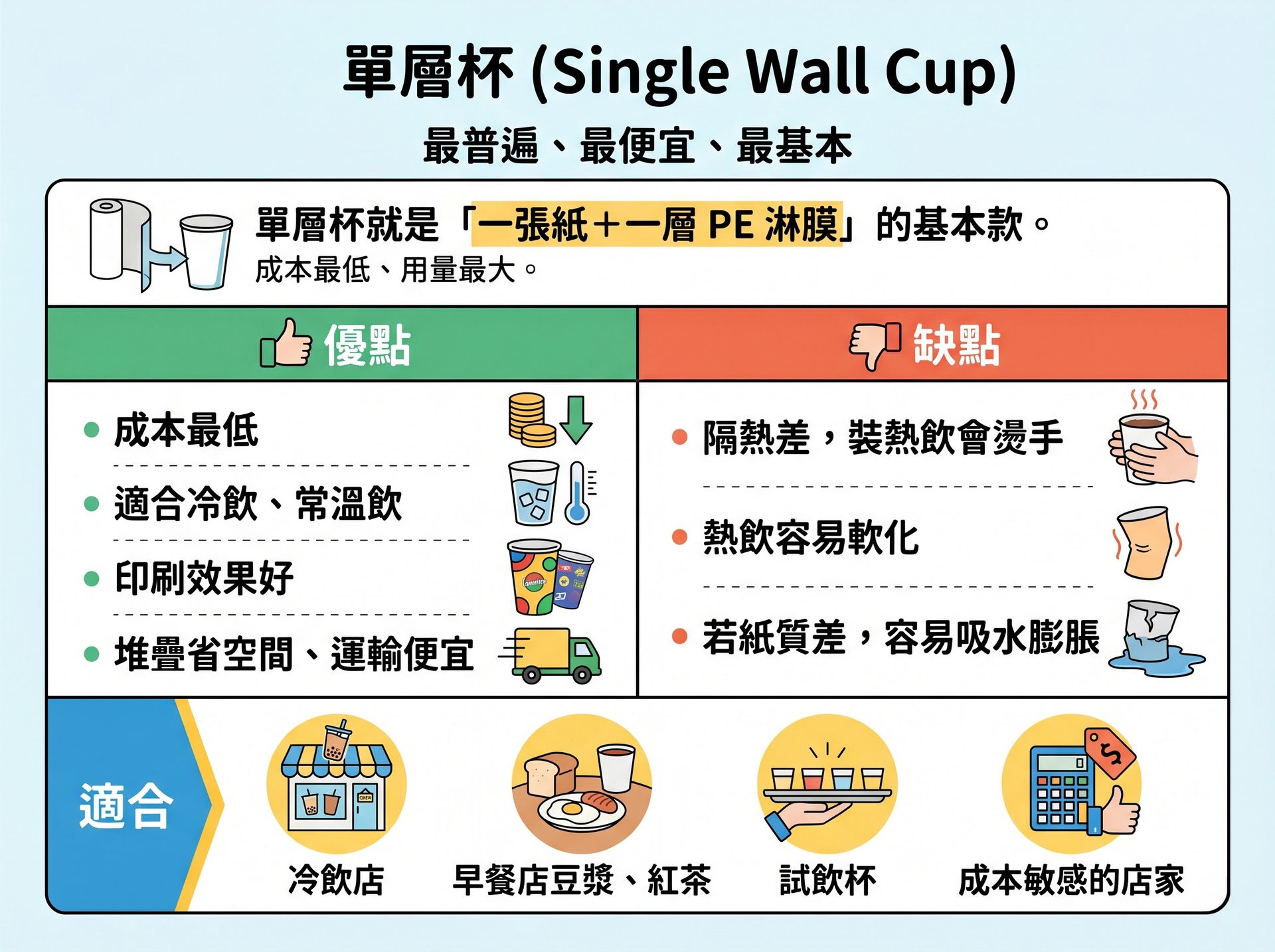 單層紙杯產品解析,分析此類型杯款成本低與適合冷飲之特性,提供入門餐飲經營者參考。