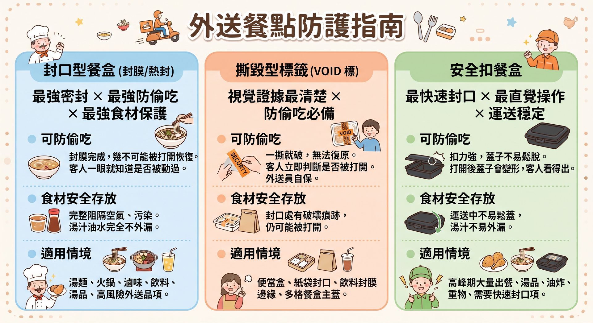 外送餐點防護指南,圖解封口型餐盒、撕毀型標籤與安全扣餐盒的優缺點與適用情境。