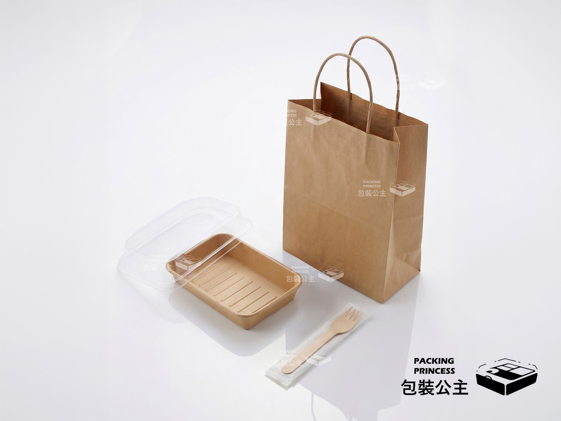 【小島拾光】牛皮餐盒四件套組,包含紙袋、透明蓋餐盒與木叉,完整外帶包裝方案