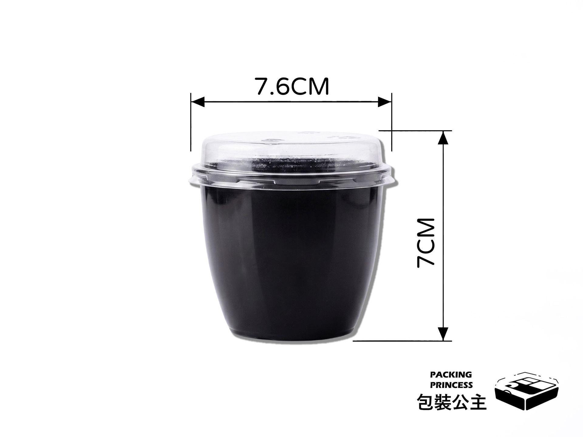 76-1512 | 甜點杯 黑色甜品杯 布丁塑膠杯 奶酪杯，單品黑色杯身搭配透明圓蓋展示，提供甜點外帶包裝選擇。