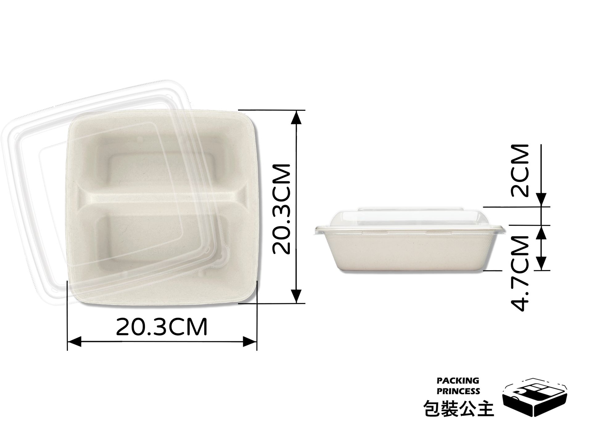 CS-1000-2 兩格環保植纖餐盒：搭配高透明 PET 上蓋，左右分隔設計，適合主食與配菜分裝，專業餐飲外送包裝推薦
