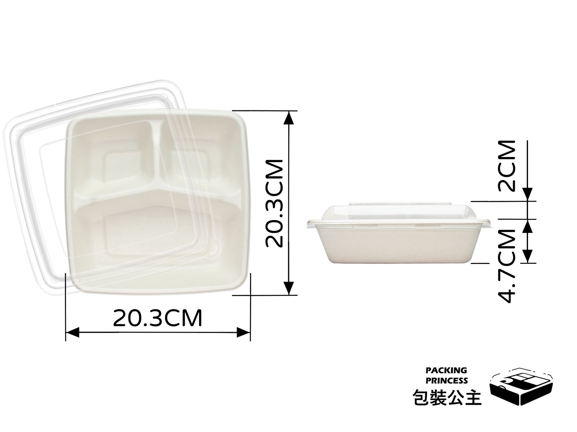 CS-1000-3 環保植纖三格餐盒：1000ml 大容量設計，搭配高透明 PET 上蓋，食材層次清晰可見，適合健康餐與健身餐外送