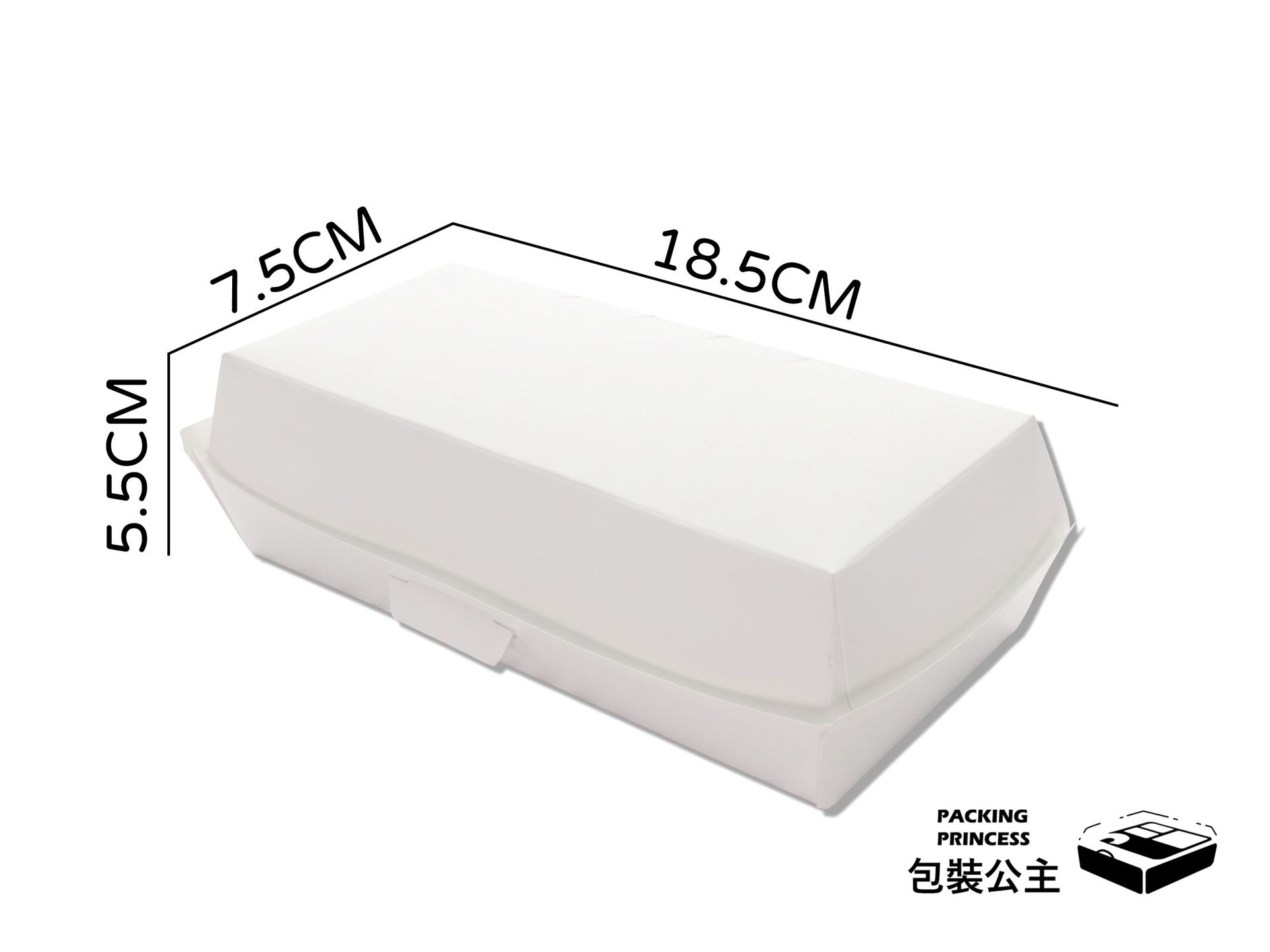 D-120 純白熱狗堡盒，一體成型設計，適合熱狗堡與長條點心外帶包裝