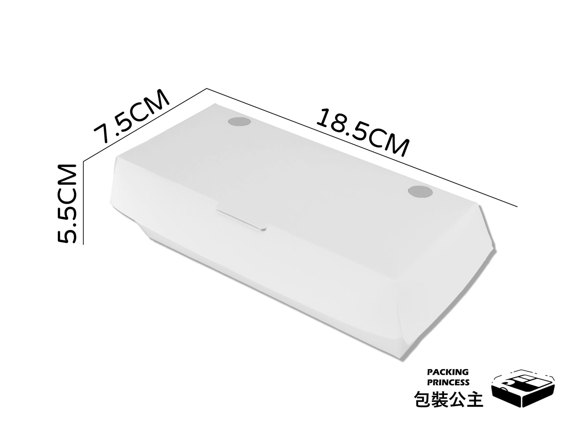 D68 純白熱狗堡盒，雙圓孔透氣設計，適合熱狗堡與長條點心外帶，純白簡約風格