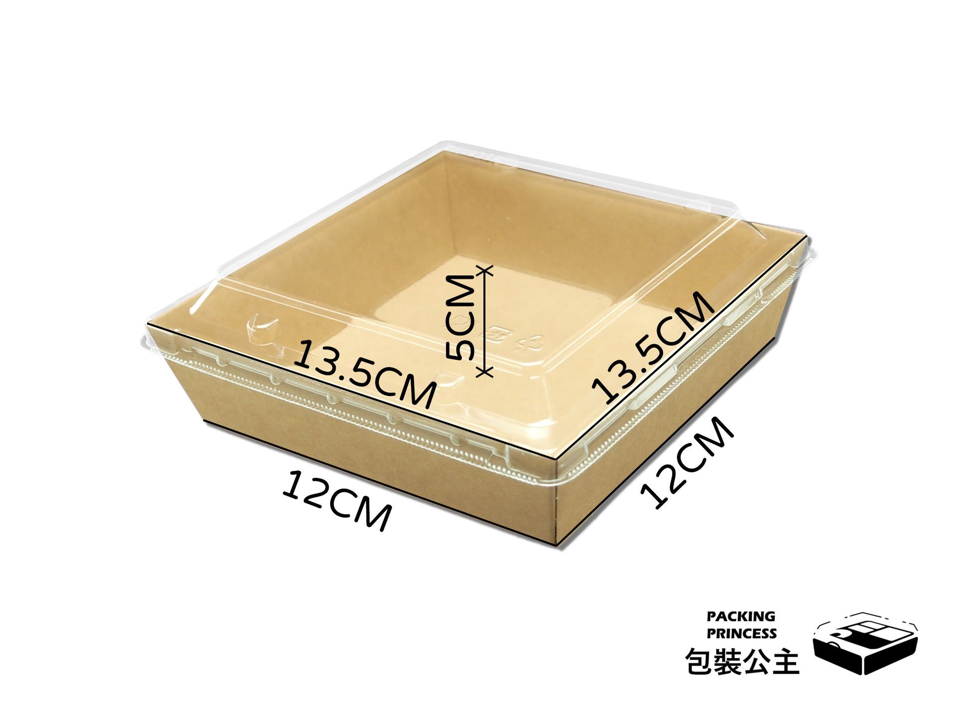 FA-435 正方形牛皮輕食盒：搭配透明蓋，適合外帶沙拉、切片水果與健身減脂餐，環保耐熱材質，適合早午餐店、精品咖啡廳外帶包裝使用