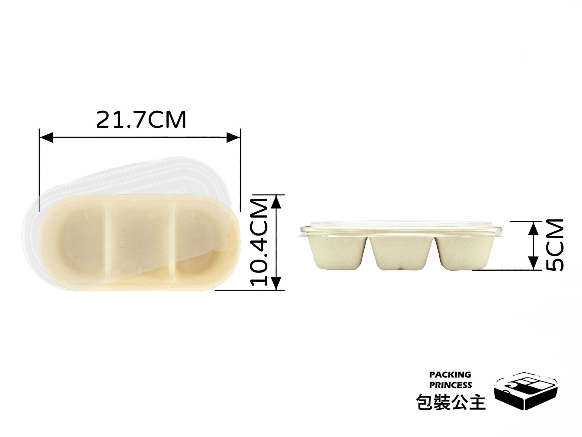 GFS-03 環保植纖三格餐盒，搭配 PET 透明蓋，設計簡約且適合多樣餐點分類外帶。