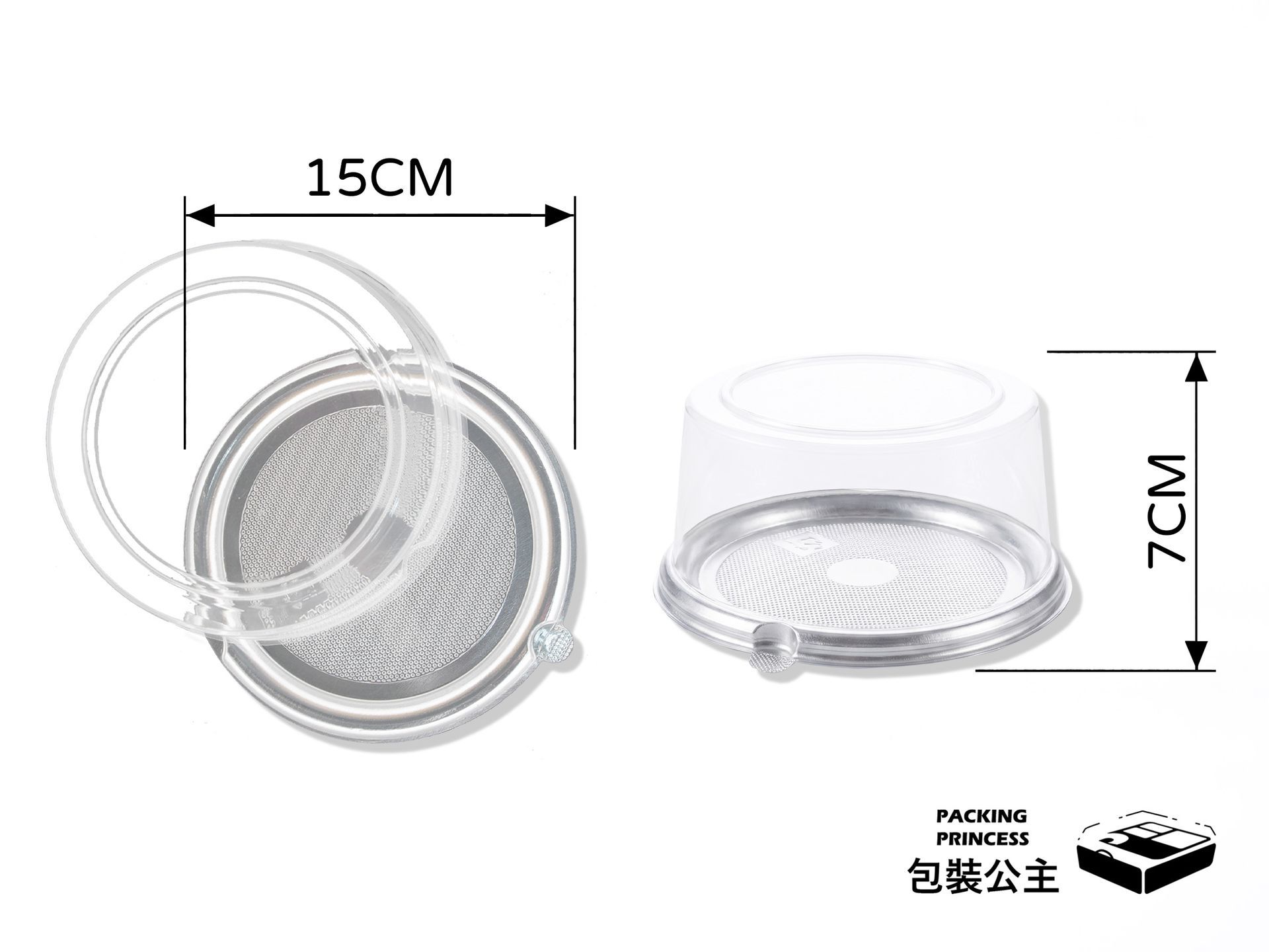 H558 5吋蛋糕盒，銀色底盤設計搭配透明圓蓋，提供簡約且實用的蛋糕外帶包裝選擇。