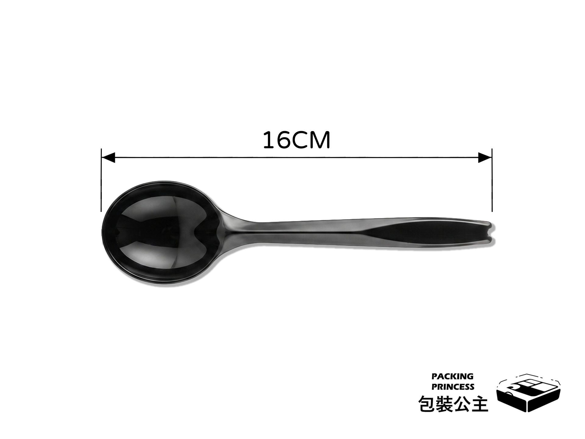 K076 | 黑色大圓匙 PP塑膠湯匙 台灣製 (100支/包)，黑色大圓匙單品斜放展示，提供餐飲業耐用的免洗餐具選擇。