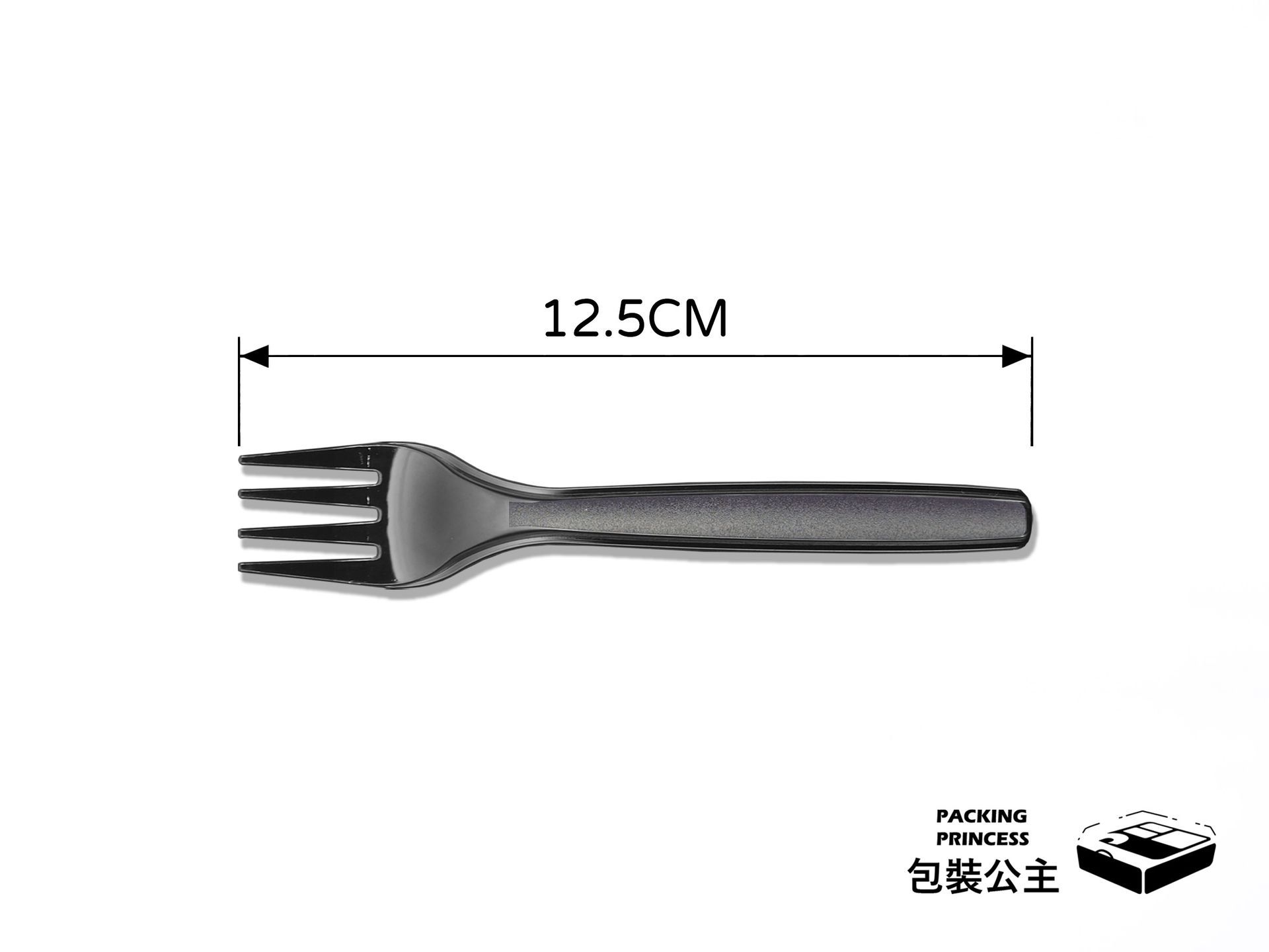 R-106 | 黑色小餐叉 PS塑膠小湯匙 台灣製 (100支裝),單品台灣製造的黑色 PS 塑膠小餐叉斜向展示,提供甜點店與餐飲外帶餐具選擇。
