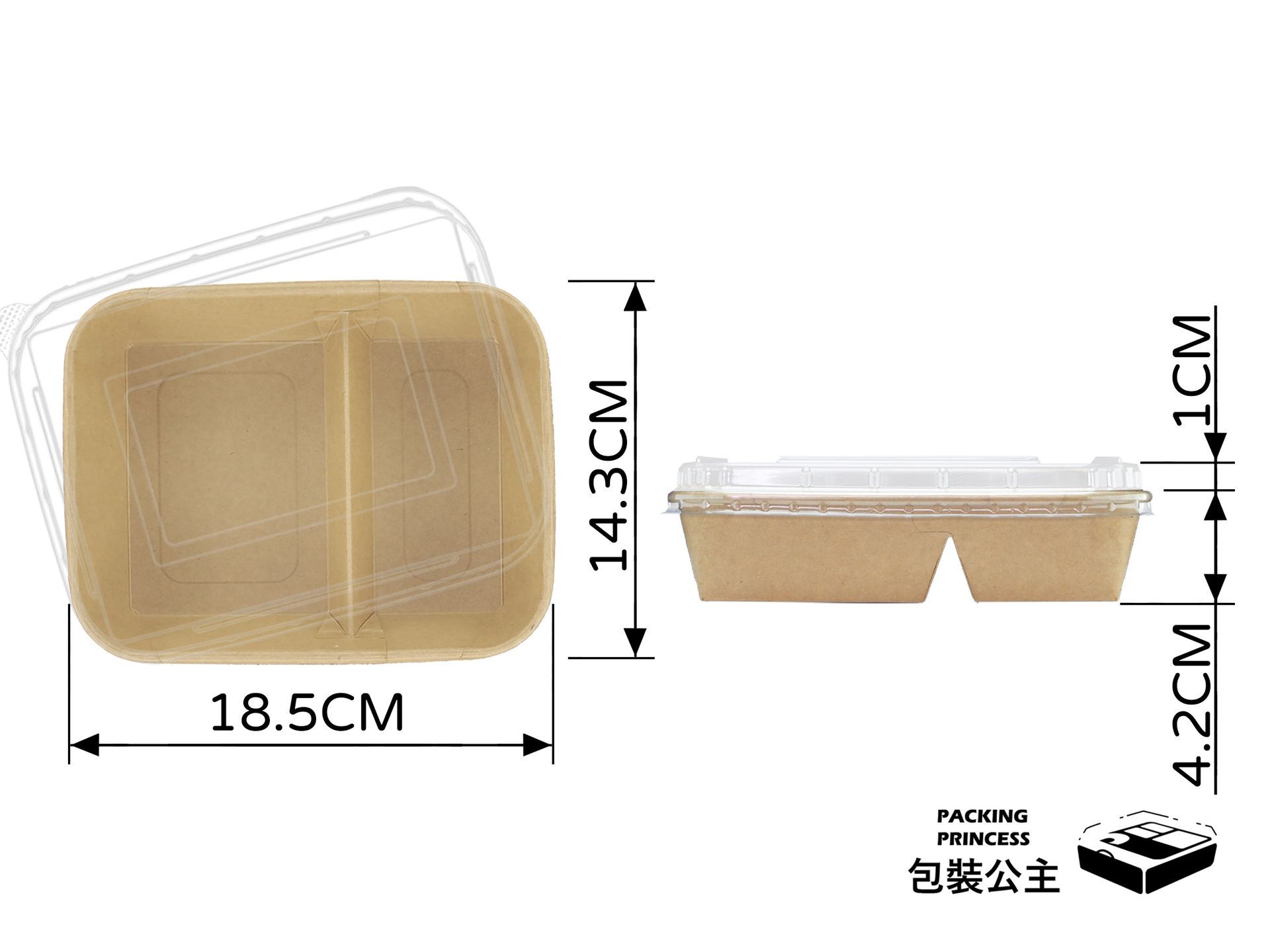 SY-202 牛皮紙二格餐盒，適合外帶便當，環保紙材與透明蓋設計