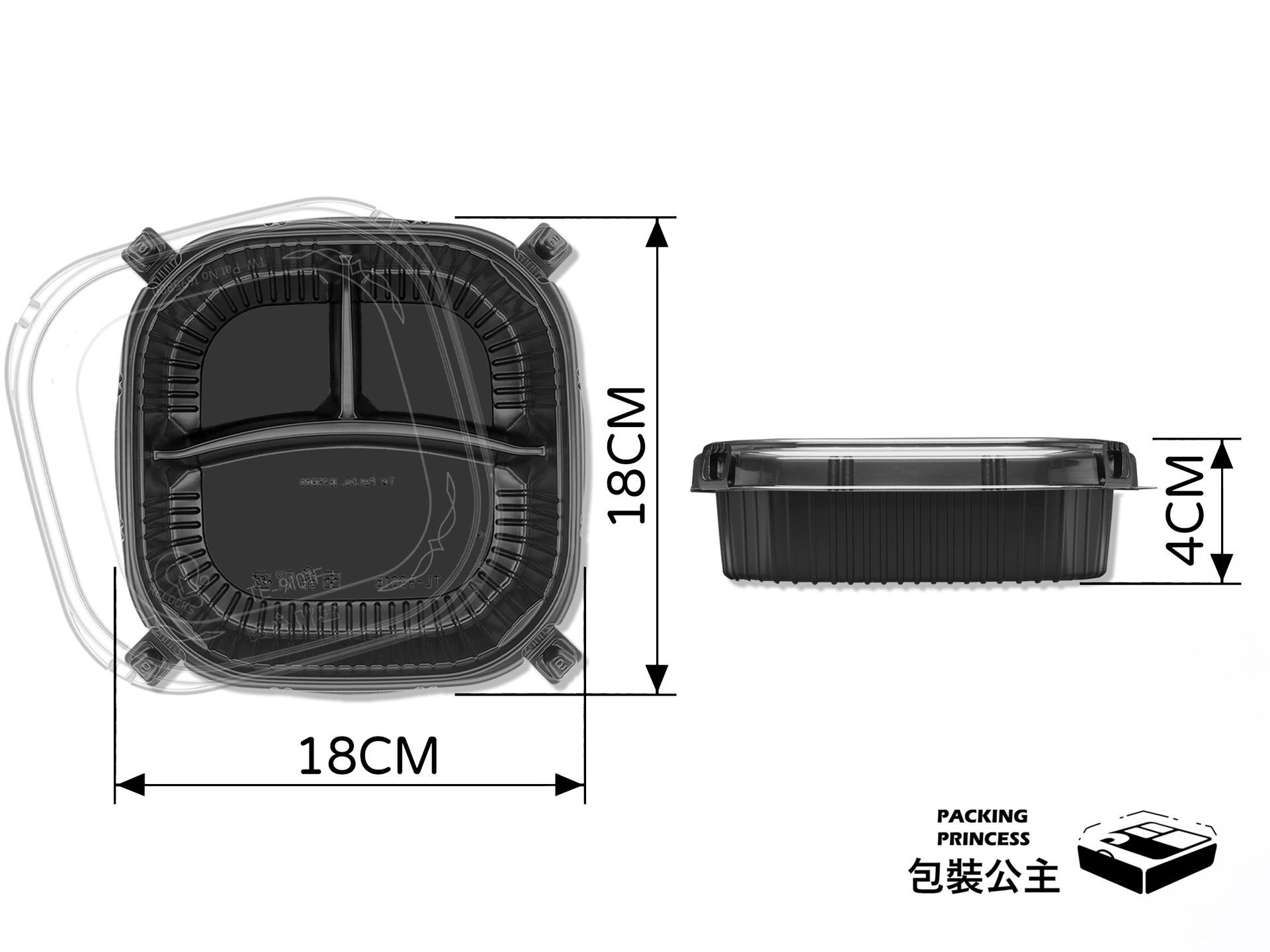 TL-9301 | 自扣式三格方形餐盒 三格分隔 外帶，單品黑色方形三格餐盒搭配透明自扣蓋斜向展示，提供便當與多道小菜分隔外帶容器選擇。