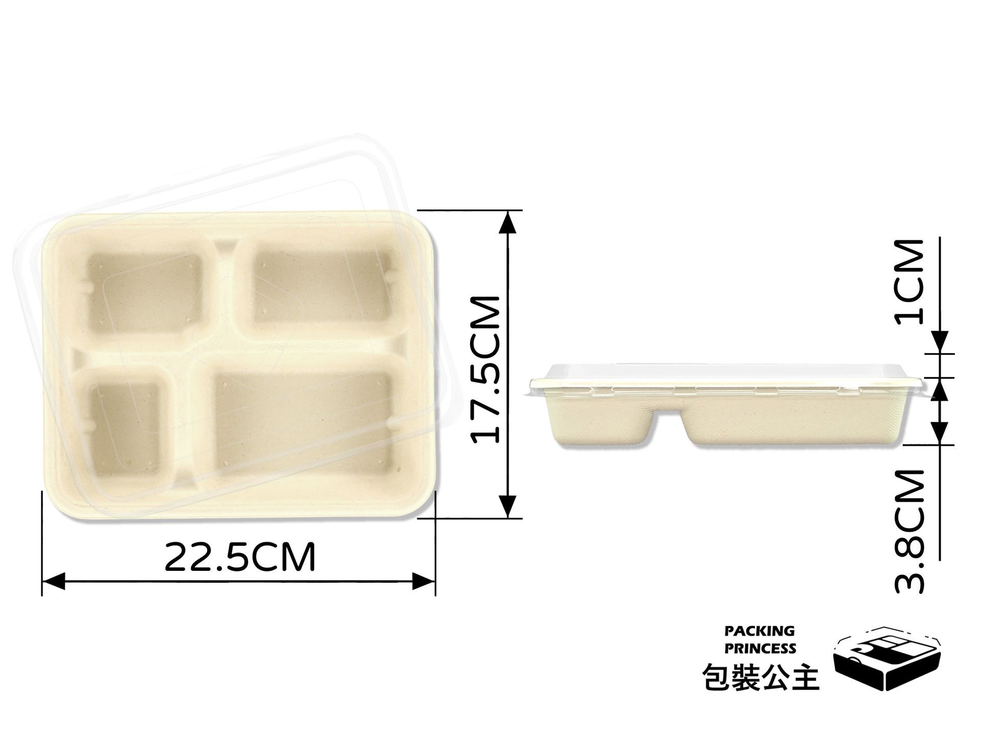 XS-M900|環保植纖四格餐盒+PET高清透明塑膠蓋(25組)