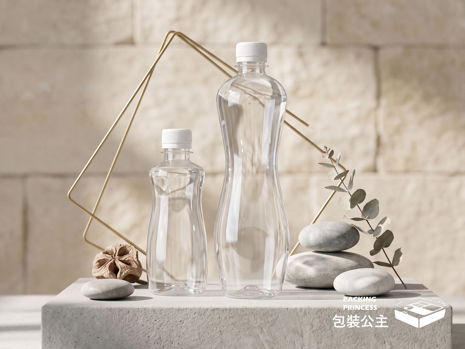 曲線瓶系列包裝，適用於冷泡茶與果汁外帶，簡約瓶身設計是餐飲業的專業包材選擇。